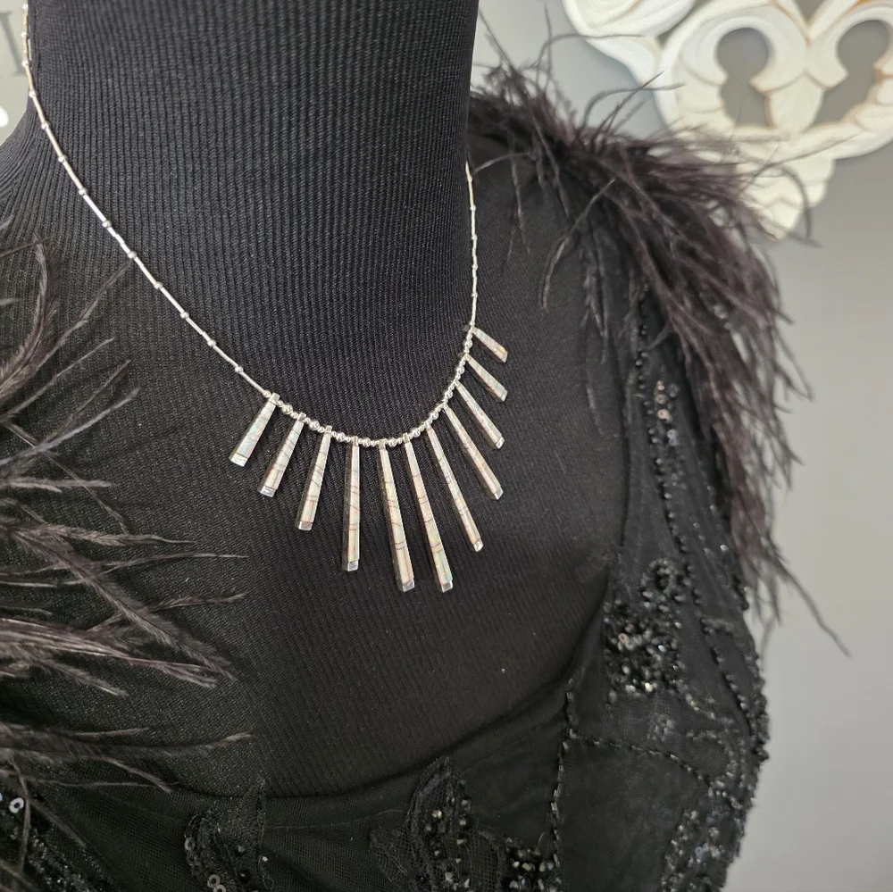 🆕️Chic STERLING Silver BAR Necklace with OPAL Inlay Details - Picture 3 of 14